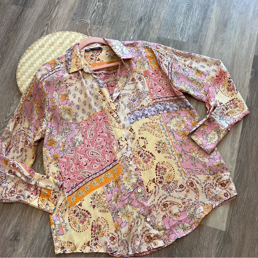 Zara Pink Yellow Floral Patchwork Button-Up Blouse - Picture 3 of 7